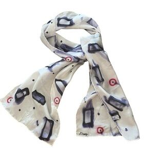 D. WOLFE 100% silk hand printed abstract artsy blue & red on white oblong scarf